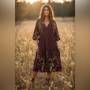 Jaase Floral Boho Midi Dress Gypsy Peasant Hippie Pom Pom Size Small